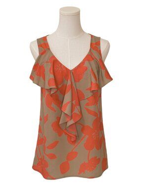 LOFT Womens Top S Tan & Coral Floral Ruffle Front Sleeveless Blouse Back Tie